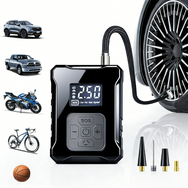 PYHO 휴대용 무선 전동 공기 주입기 다용도 자동차 오토바이 자전거 타이어 공기펌프 노즐 포함, 블랙, 1개