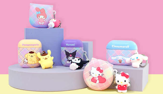 산리오캐릭터즈 에어팟 버즈 톤프리 케이스 피규어 키링 세트, 체크 헬로키티, 버즈 2 프로 / 버즈 라이브 / 버즈 프로 / 버즈2