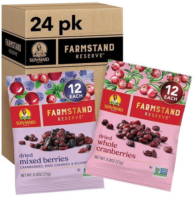 Sun-Maid Farmstand Reserve 24개 버라이어티 팩 - 22.7g(0.8온스) 스낵 백 - 전체 건조 크랜베리 12개 및 건조 혼합 베리 12개 - 홀리데이