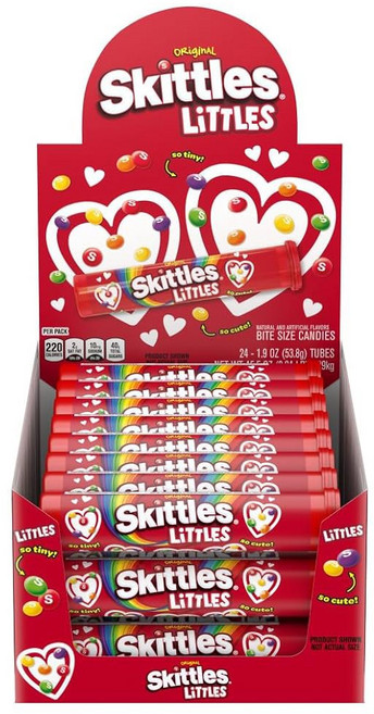 SKITTLES 리틀 오리지널 레인보우 츄이 캔디 벌크 - 45.6온스 24카운트 메가 튜브 파티 명절 축하 선물 사무실 공유에 완벽한 작은 과일 맛 캔디, 2 Valentine's Day Skittles Lit