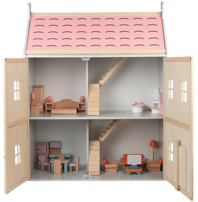 인형집 원목 큰 오두막 공주 놀이 세트 럭셔리 빌라 소녀 생일선물 성탄절, 복층빌라핑크무료가구2인형야간조명, 1개