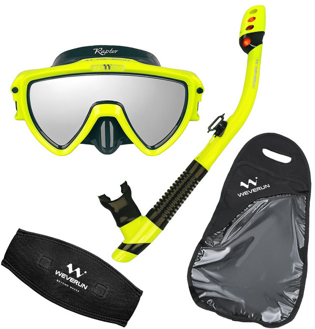 위베런 랩터 스노클링 마스크 세트 미러렌즈 자외선차단 + 머리엉킴방지 스트랩커버 + 고급가방, UV 네온 세트