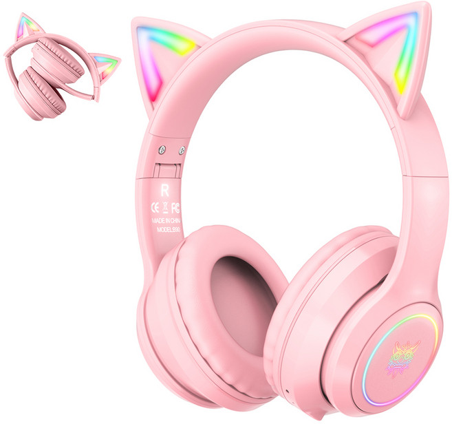 ONIKUMA B90 고양이귀 무선 게임 헤드셋 RGB 노이즈캔슬링 블루투스 5.3, 핑크