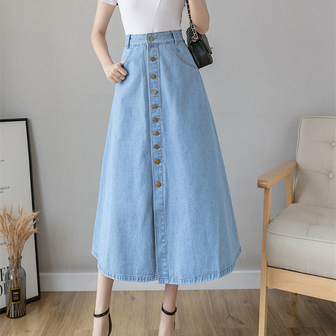 COSYEVNO 단주 데님 스커트 a라인 미디 스커트 빈티지 하이웨이스트 롱 치마