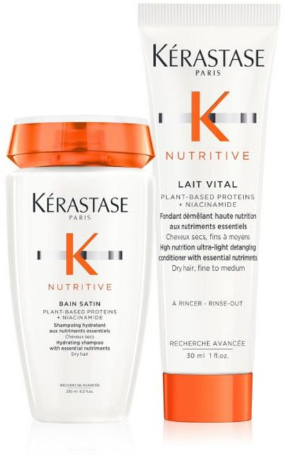 KÉRASTASE 케라스타즈 뉴트리티브 뱅 사틴 샴푸 레이 비탈 컨디셔너 세트 식물성 단백질과 니아신아마이드로 부드럽게 세정하고 수분을 보충하는 가늘거나 중간 건조 모발용 8, 1개