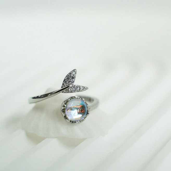 월광석 고래 꼬리 큐빅 반지 원석 엔틱 오픈 링, 단품, 1개