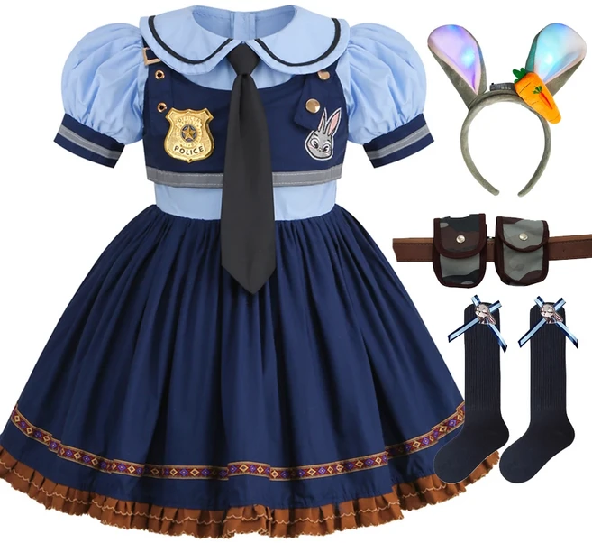 주디 코스프레 의상 어린이 카니발 파티 드레스 소녀 넥타이 머리 장식 벨트 양말 경찰 역할 놀이 영화 유, 03 100cm, 02 Judy Dress B