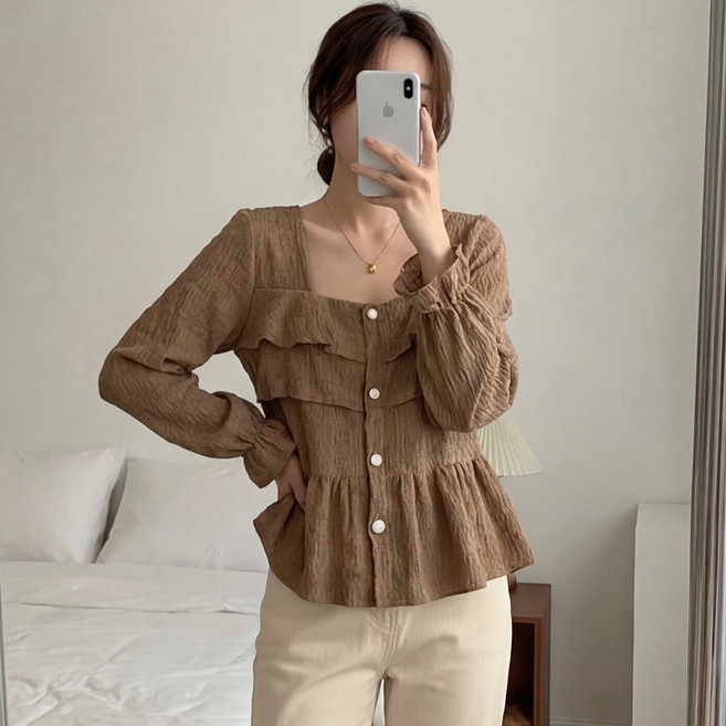 B178-1 란티슈 빅사이즈 여성 프릴 스퀘어넥 블라우스 봄가을용