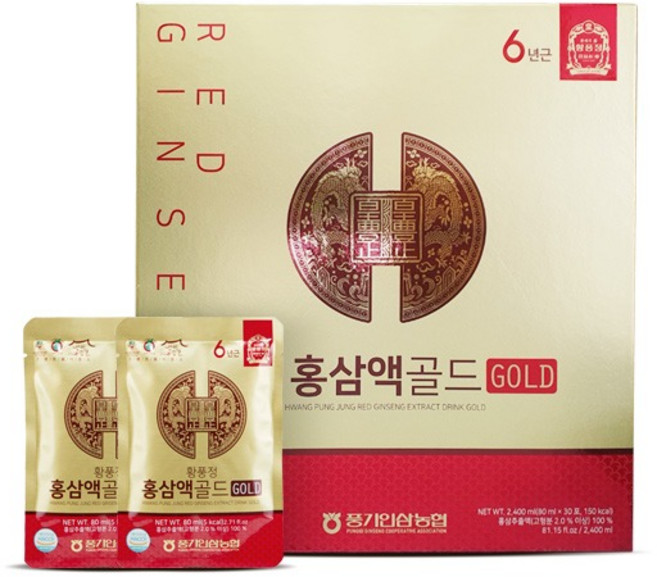 (농협홍삼) 황풍정 홍삼액 골드 80ml x 30포 / 홍삼근 100% 홍삼액 홍삼진액 홍삼액기스 6년근 홍삼진액 홍삼 농협홍삼, 30개