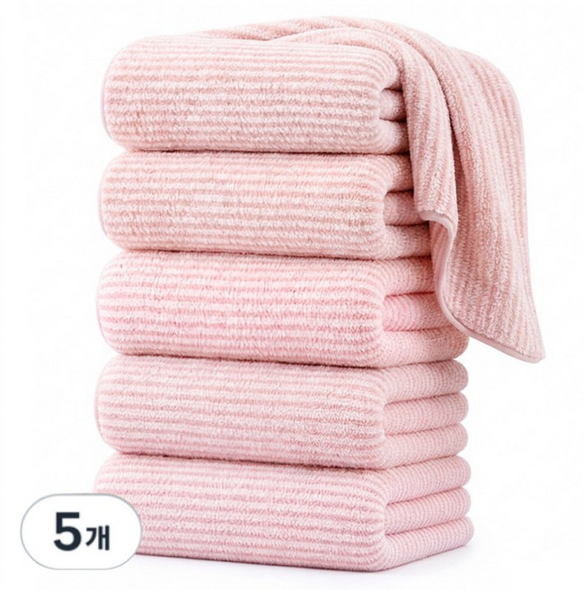Ahomeone 호텔 수건 40수 부드러운 스트라이프 코랄플리스 먼지없는 수건 세면타월, 5개, 핑크색