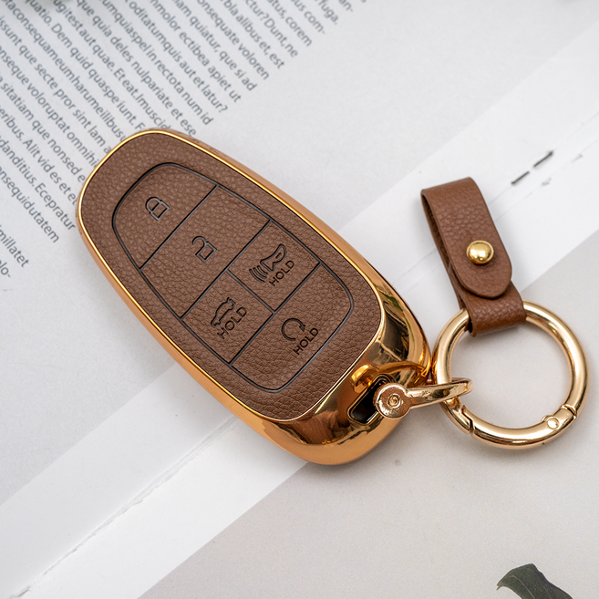 바이어블 현대 소나타 DN8 더 뉴 그랜저 넥쏘 호환 TPU 스마트키 가죽 TPU 케이스 키링 키홀더, 5버튼 TL27, 진브라운