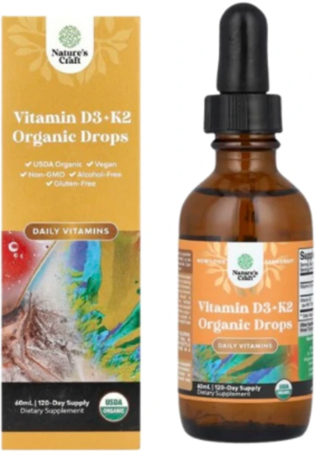네이처스 크래프트 유기농 비타민D3 + K2 드롭 알코올 무함유 60ml, 2개 - 쿠팡