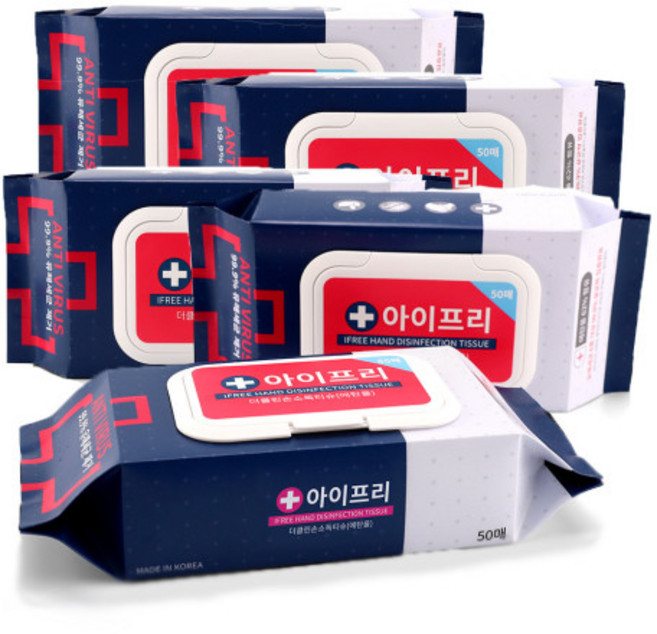 아이프리 더클린 손소독티슈 50매 5팩 캡형 알콜 살균 에탄올 62% 유해세균 차단 물티슈, 5개