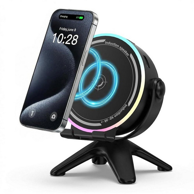 Strackvial 5-in-1 무선 인덕션 블루투스 스피커 휴대폰 스탠드 포함 RGB 주변 조명 180° 조절 가능 홈 오피스 실외용 HD 사운드 여성을 위한 선물, 블랙