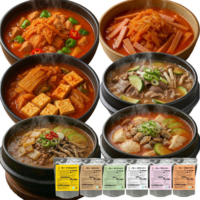 [공장직영] 가성비 끝판왕 요비담 명품찌개 6종세트 (김치3종+차돌된장+바지락순두부+청국장), 1개, 3.1kg