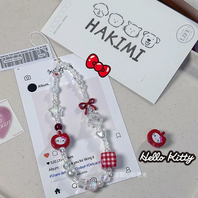 [헬로키티 스트랩] 산리오 열쇠고리 키링 키링인형 폰고리 휴대폰고리 백참 가방고리 폰꾸 미니키링 핸드폰스트랩 폰스트랩, 사과 키티, 1개