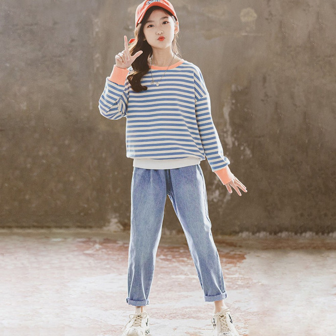 베비포 초중생 단가라 맨투맨 밴딩 청바지 상하세트 -YJ6