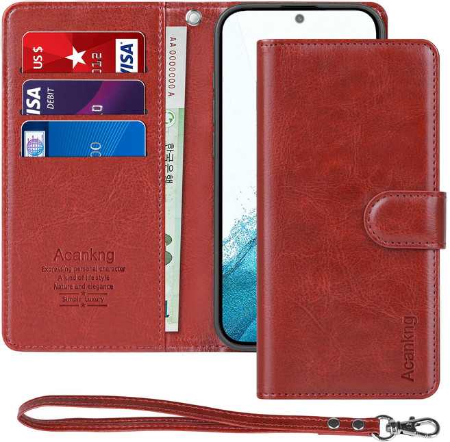 아칸크 삼성 갤럭시S22 (SM-S901)가죽 다이어리 지갑 케이스+핸드 스트랩 세트