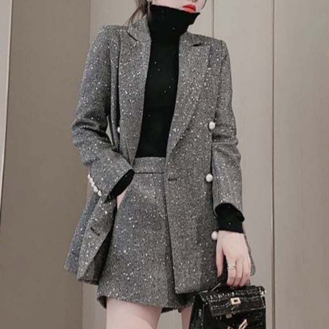 체인지쉬(change she) 여성 모던 클래식 헤링본 반짝이 진주버튼 반바지 정장세트