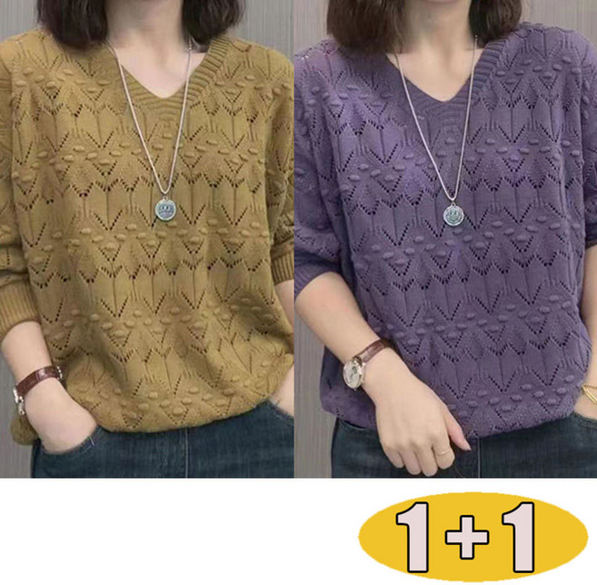 1+1 40대 50대 여성 봄가을 라운드넥 니트 얇은 티셔츠 레이스 긴팔 니트 풀오버 캐주얼 루즈핏 대사이즈 상의