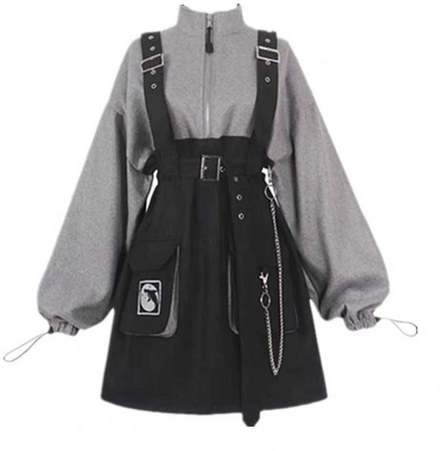 펑크룩 원피스 지뢰계 옷 고스로리 양산형 멜빵 벨트 드레스+스트랩+체인S