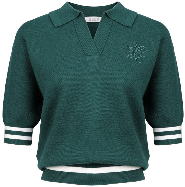 [투엘라] 여성 니트 카라 반팔 티셔츠_플로라 오픈카라 비스코스 곰돌이 자수 반팔티