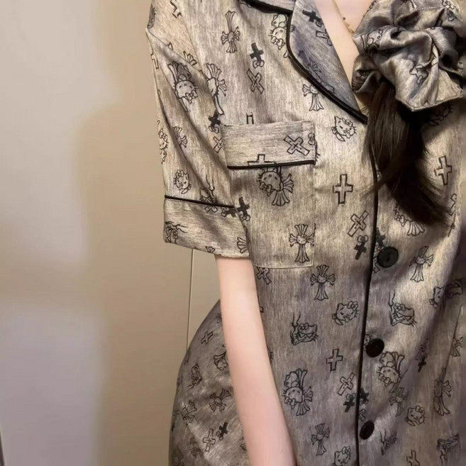 2025新款夏季冰絲睡衣女短袖短褲薄款絲綢家居服套裝, 1個, 夏#灰色kitty貓【短袖+短褲】無發圈L【95-115斤】