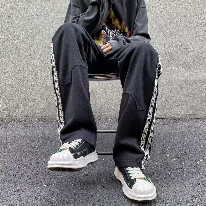 미국식 고급감 바지 남패션스트라이프 테이프 스트링 청바지 스몰 와이드 팬츠