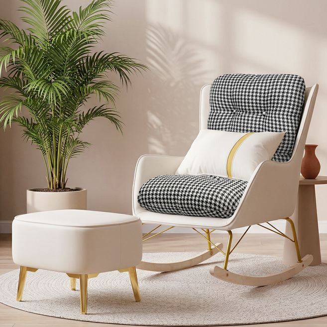LUXRORO 북유럽 감성 편안한 흔들의자, 1개, 화이트+ 스툴 세트