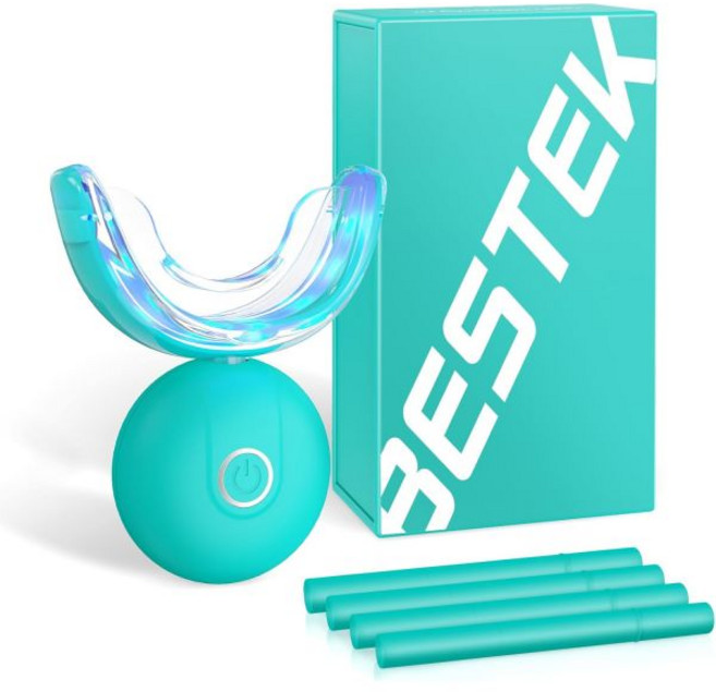 BESTEK 치아 미백 키트 32배 LED 조명 35 카바미드 과산화물 젤 4튜브 포함 10분 빠른 미백기 커피 와인 담배 얼룩 제거 파란색, 파랑색, 1개