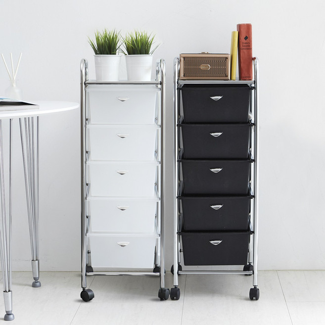 [리비니아] 미드센츄리 모던 크롬 5단 싱글 서랍 수납형 이동식 트롤리 2colors, 화이트