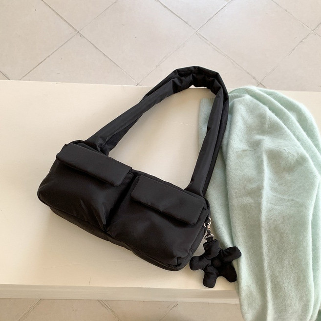 通勤包 單肩包 側揹包 簡約大容量 雲朵包 波士頓包 手提單肩包女, 黑色