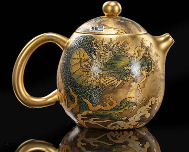 茶具禮品周鴻傑大師手工鎏真金純家用金茶壺手繪龍蛋單壺復古茶具, 1個, 1L, 手繪青龍蛋金壺-外金【自用安全包裝】:詳情