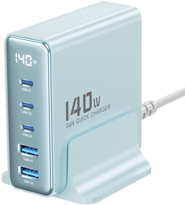 Toocki 투키 GaN 140w LED 디스플레이 3C2A 5포트 C타입 PD3.0 PPS 초고속 멀티충전기, 1개, 블루
