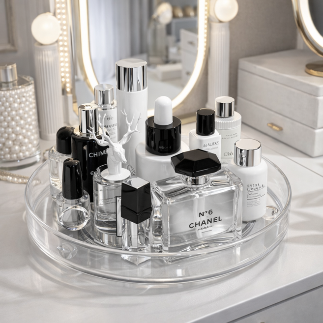 하스몰 회전 트레이 다용도 화장품 정리대, 투명, 1개