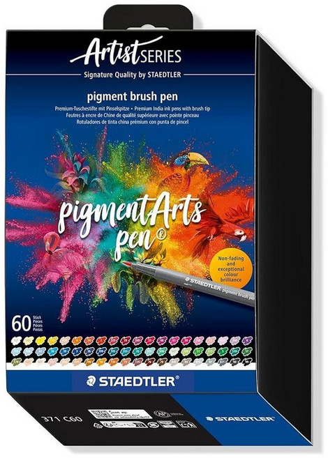 STAEDTLER Pigment Arts 멀티 잉크 브러시 펜 다양한 기본 색상 36개 브러시 펜촉이 있는 섬유 팁 펜 영구적 방수 저널링 컬러링 핸드 레터링, 60 Colors