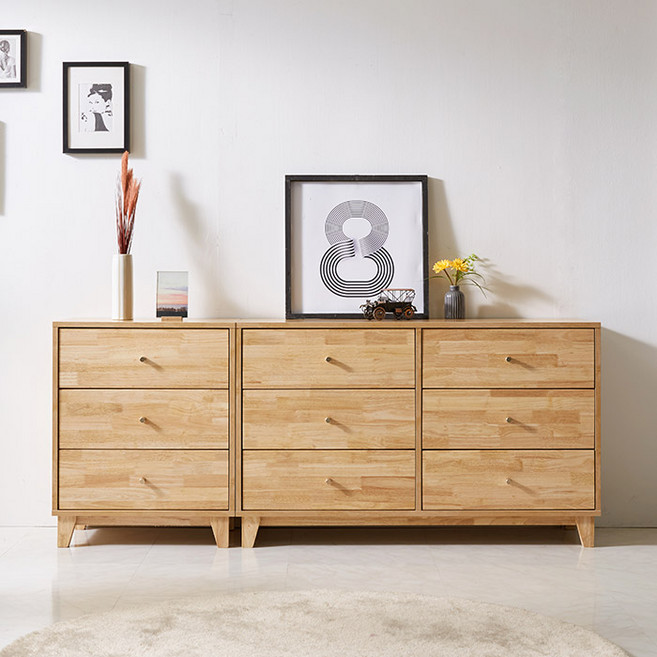 퍼스웰 그린 1800 고무나무원목 LPM 3단와이드서랍장 세트(GB_011), 내츄럴