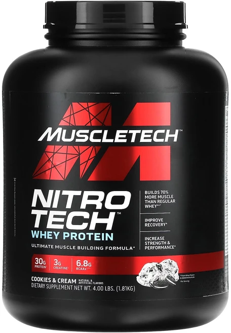 MuscleTech Nitro Tech 유청 단백질 머슬빌더 포뮬라 쿠키 앤 크림 1.81kg(4lbs), 1.81kg, 1개 - 쿠팡