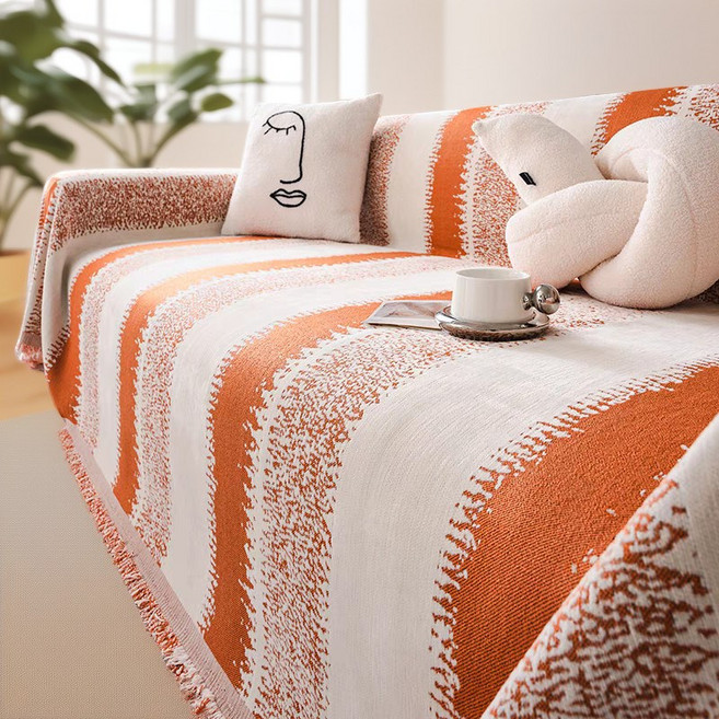 斑馬紋雪尼爾沙發蓋巾 ins風北歐四季通用防貓抓蓋布 全蓋式沙發防塵防滑萬能布, 斑馬紋橘黃-yy1【高密度雪尼爾】,461cm長度*181CM寬度【五人位】, 1個