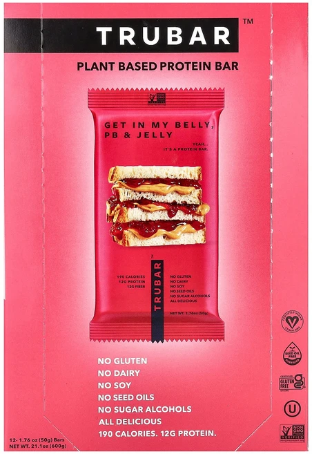 Trubar 식물성 단백질 바 겟 인 마이 밸리 피비 및 젤리 12개입 개당 50g(1.76oz) Trubar (트루바), 1, 50g - 쿠팡