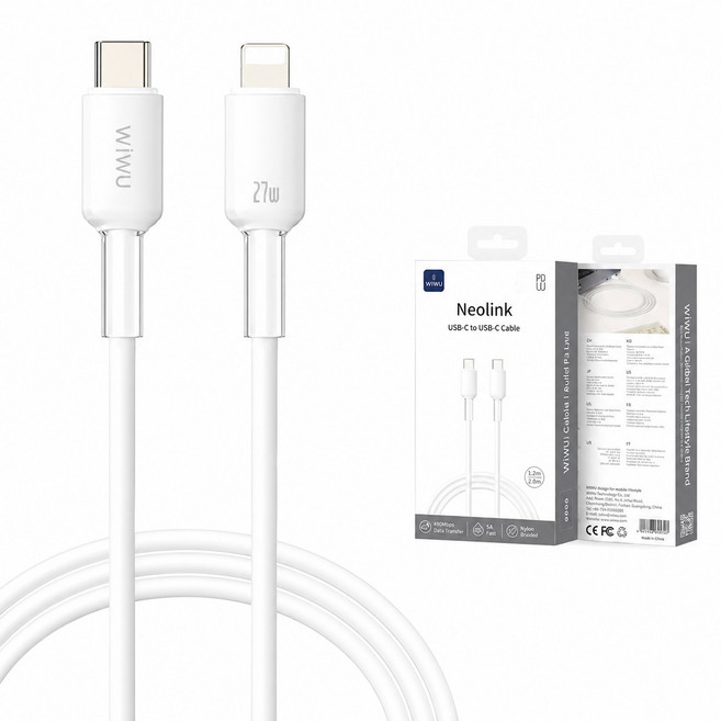 WIWU USB-C 轉 Lightning 充電傳輸線 27W Neolink 系列, 白色-200公分, 1個