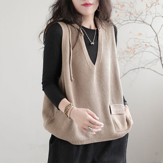 [베스트셀러] 지고다그 여성용 추동용 루즈핏 후드 니트 조끼 레이어드 스타일 민소매 조끼 YY33811