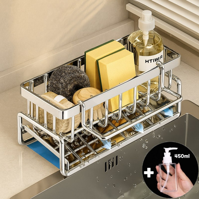 ZOZOFO 뉴 올스텐 물빠짐 수세미 거치대 행주 걸이 주방선반 싱크대선반 + 디스펜서 세트, 1개, (스텐 수세미거치대 + 디스펜서)