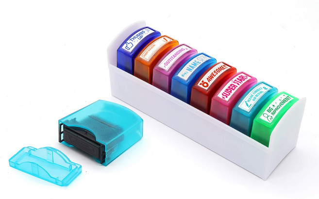 릴라이언서 8개 교사 스탬프 세트 다채로운 자동 잉크 동기 RELIANCER 8PCS Teacher Stamp Set Colorful Self-Inking Motivational, 1개, 8pcs-b