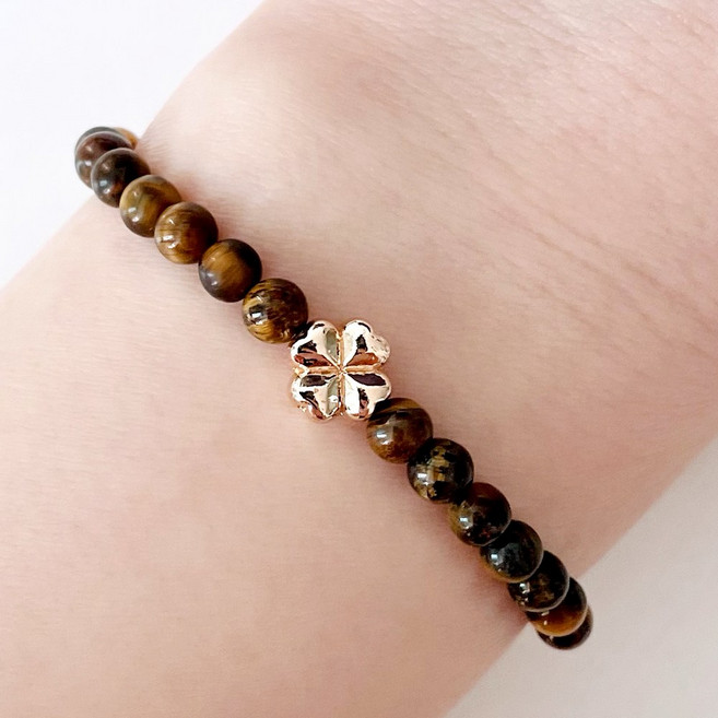 호안석 원석 14k도금 네잎클로버 남녀공용 소원 팔찌 4mm 6mm