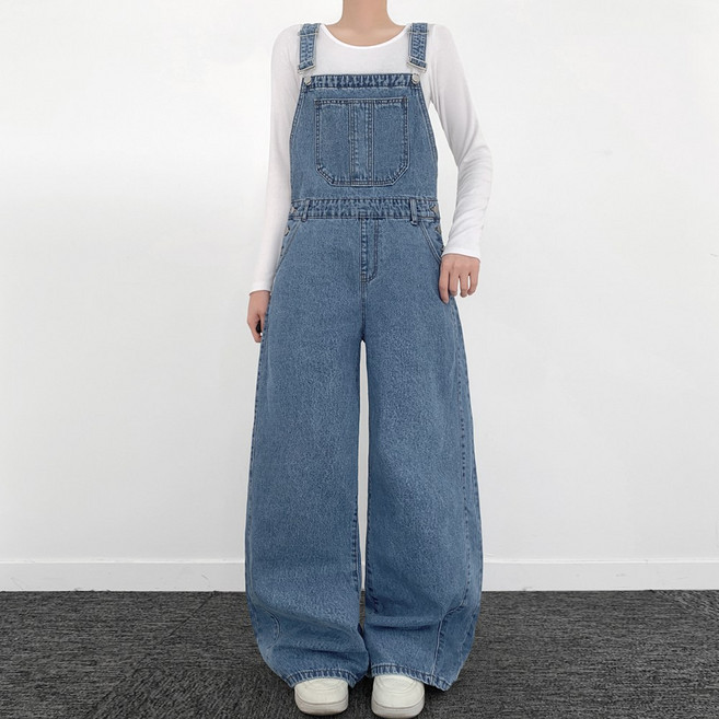 티데일리 여성용 리젠 데님 빅포켓 와이드 절개라인 오버롤 멜빵 팬츠