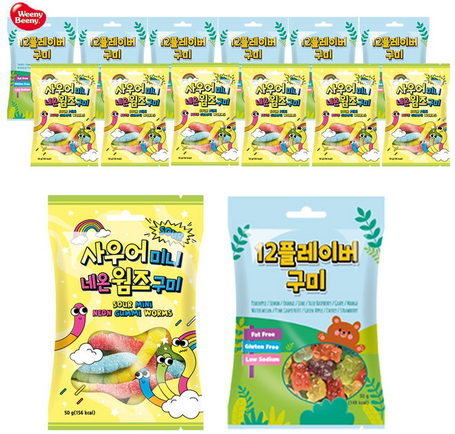 예이니식품 사우어 미니네온 웜즈젤리50g 7개+12플레이버 곰젤리50g 7개 (총14개) 위니비니사탕캔디, 50g, 14개