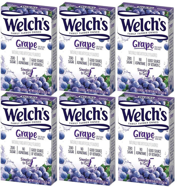 Welch's Singles To Go 파우더 드링크 믹스 포도 각 6개의 패킷이 있는 6박스 (총 36개의 스틱), 6 Count (Pack of 6), 12.8g