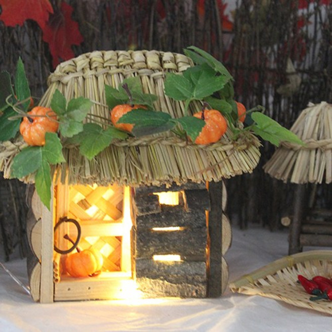 [Her1088] 호박 넝쿨과 초가집 모형 가을 인테리어 전통 소품 시골풍경 호박모형 시골집, 호박넝쿨초가집+LED와이어전구(2m)
