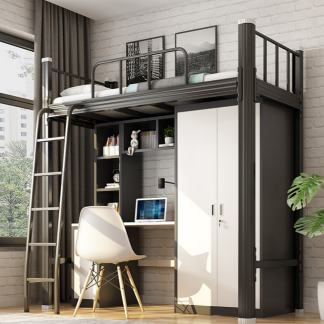 트러스트딜 2층 싱글 벙커침대 공간활용 다용도 책상 책장 수납장 의자 사다리형, 블랙화이트